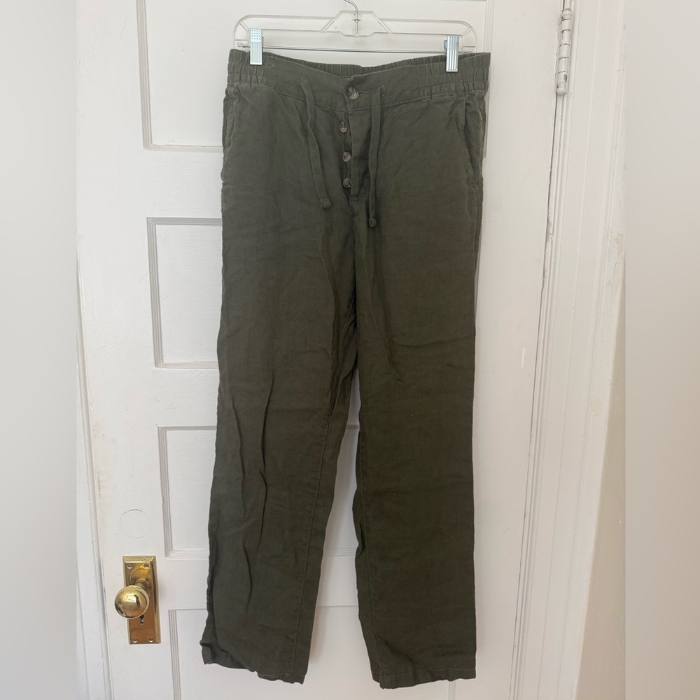 Army Green French Linen Pants with Button Front and Drawstring Waist